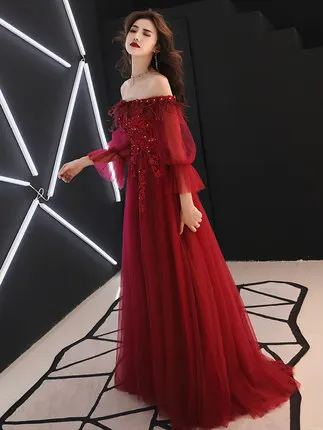 wine red feather embroidery beading slash collar lantern sleeve long gown princess cosplay dress