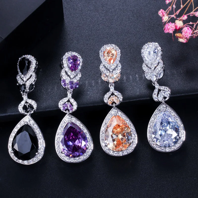 BeaQueen European American Luxury Purple Crystal Earrings Pear Cut Long Drop Women Wedding Earrings with Cubic Zirconia E024