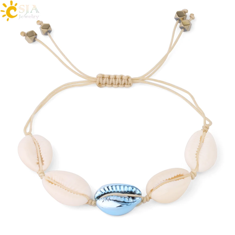 CSJA Natural Sea Shells Bracelets Seashell Bracelet White Gold Color Women Knit Beach Handmade Summer Holiday Jewelry S339