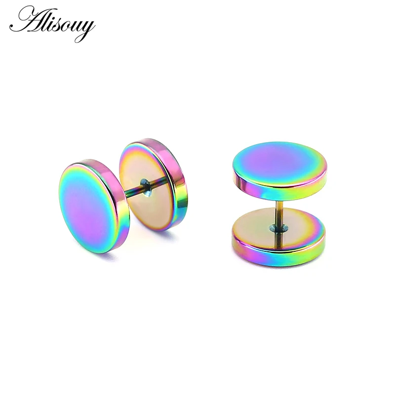 Alisouy 2pcs Fashion Punk Earrings Double Sided Round Bolt Stud Earrings Male Gothic Barbell Black Earrings Men Jewelry Gifts