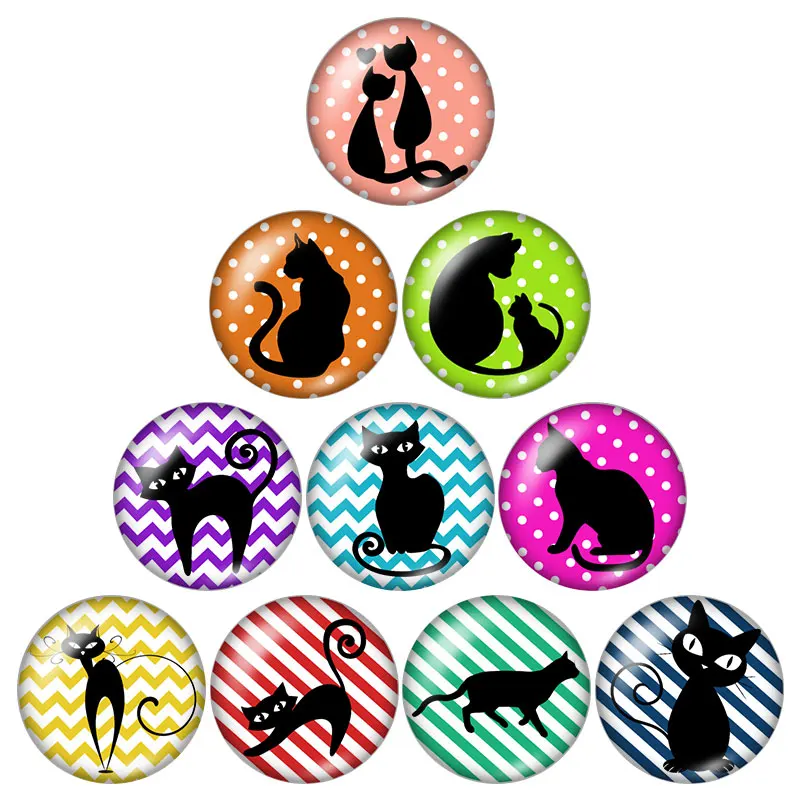 

New Animals Black Cats 10pcs mixed 12mm/16mm/18mm/25mm Round photo glass cabochon demo flat back Making findings ZB0556