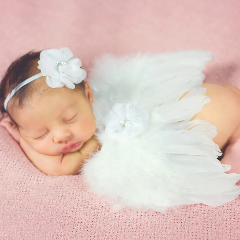 Baby Newborn Solid Color Angle Feather Wing And Flower Headband Photograph Prop Suit Infant Clothes Suit