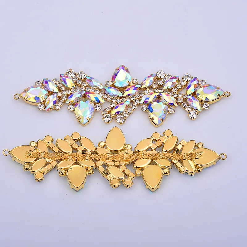 JUNAO 45*140mm 1pcs Sew On Rose AB Flower Glass Rhinestones Chain Bikini Strass Connector Flatback Gold Claw Crystal Applique