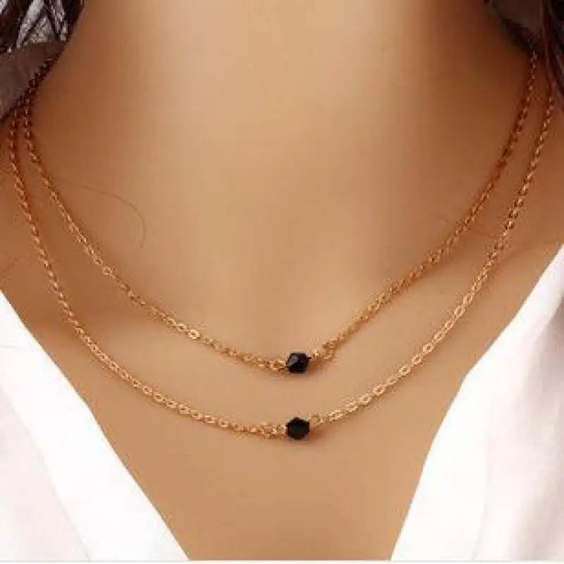 Joker Fashion Ultimate Simple Double Black Crystal Model Double Short Clavicle Chain Barrel Bead Necklace Sweater Necklace