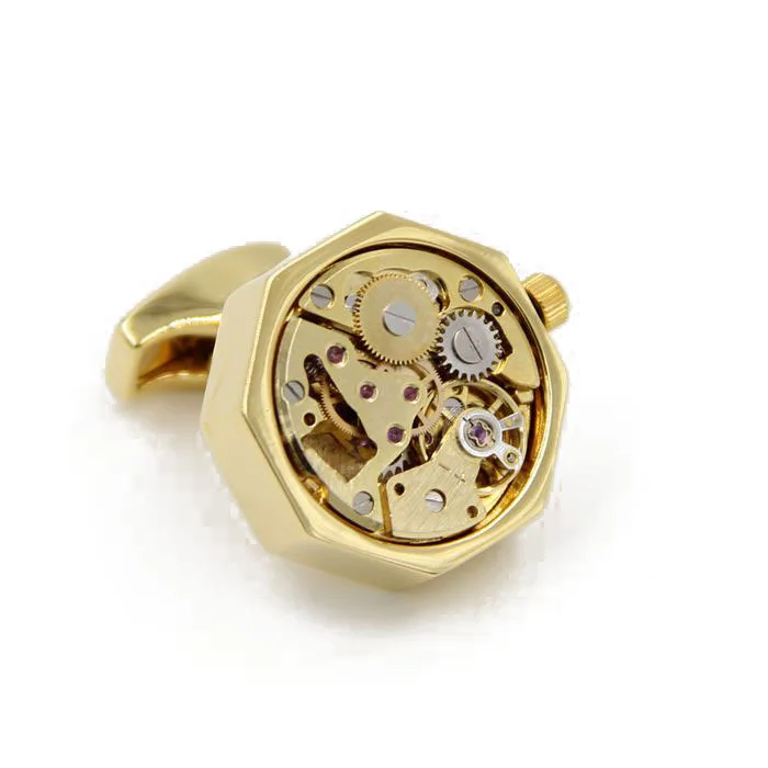 Letpon immovable Watch Movement Cufflinks for mens polygon Gold color Steampunk Gear Watch Mechanism Cuff links Relojes gemelo