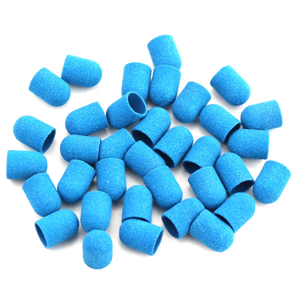 20Pcs Sanding Caps Plastic Blue Sanding Bands 10*15mm With Rubber Grip Pedicure Polishing Sand Block Foot Cuticle Tool