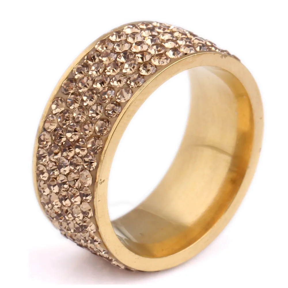 5 Row Crystal Jewelry Pave Gold-Color Stainless Steel Wedding Rings for women