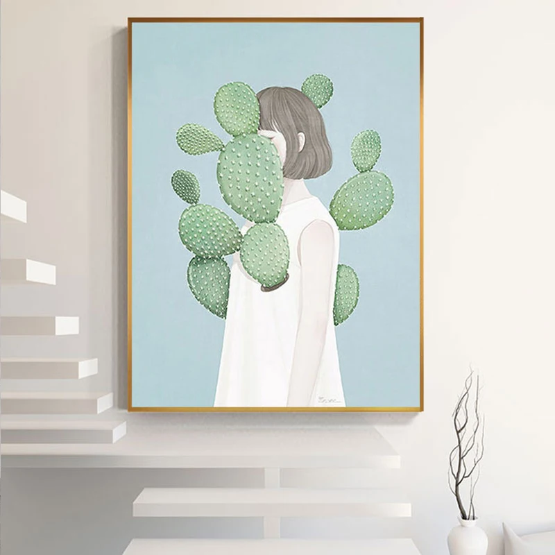 Anime Print Poster Nordic Blue Flower Cactus Leaf Obscuring Face Girl Canvas Painting For Living Room Girls Room Cute Wall Art