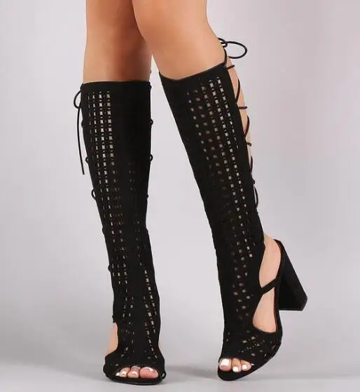 2017 New Fashion Suede Perforated Back Women Lace-Up Knee High Boots Peep Toe Ladies Gladiator Boots Chunky Heel Summer Boots