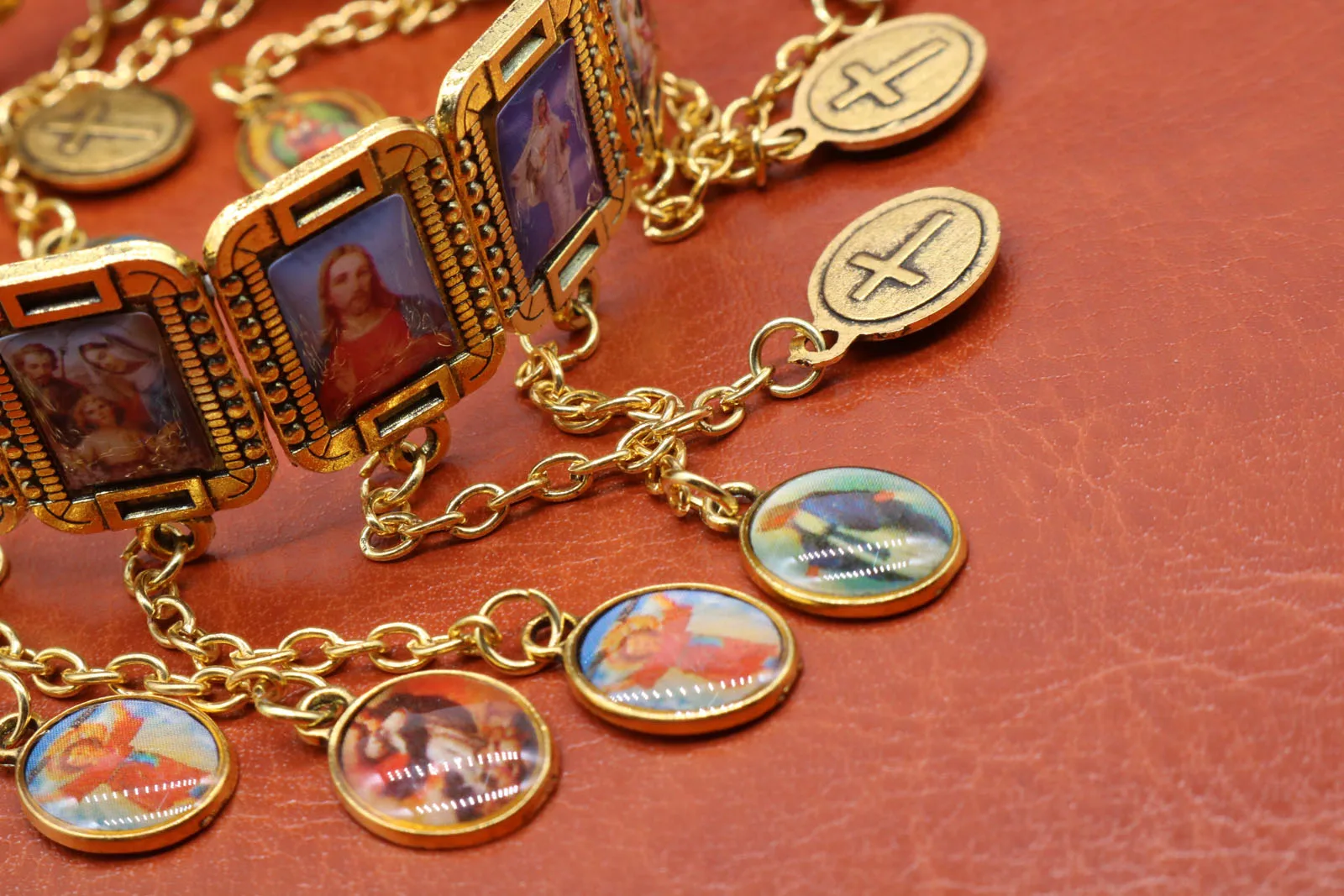 Exquisite metal stretch multi-drop rosary bracelet, Catholic Saints bracelet, holy god religious mercy icon bracelet.