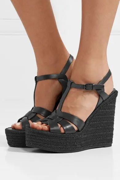 Carpaton Fashion Platform Wedge Sandal Summer Open Toe T-strap Leather Shoes Woman Ankle Strap Cutouts Party Shoes Black