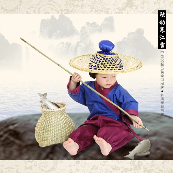 Fishing in Snowy River Alone Baby Boy Fisherman's Costume Ancient Chinese Poem or Story Thematic Costume Hanfu 90-135cmH