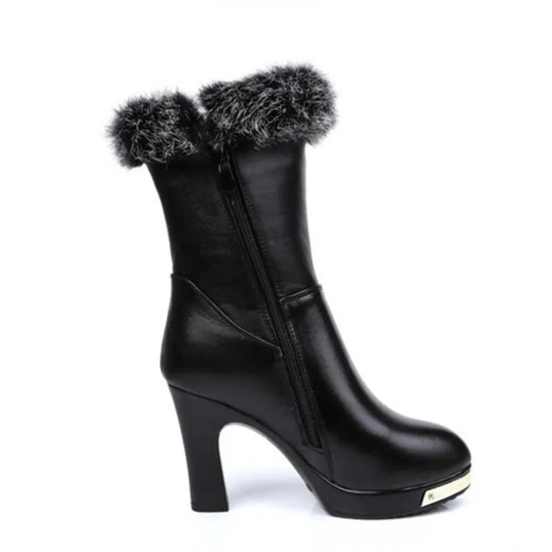 ZXRYXGS 2024 New High-end Real Rabbit Fur Cowhide Autumn Winter Shoes Woman Boots High-heel Boots Fashionable Warm Snow Boots