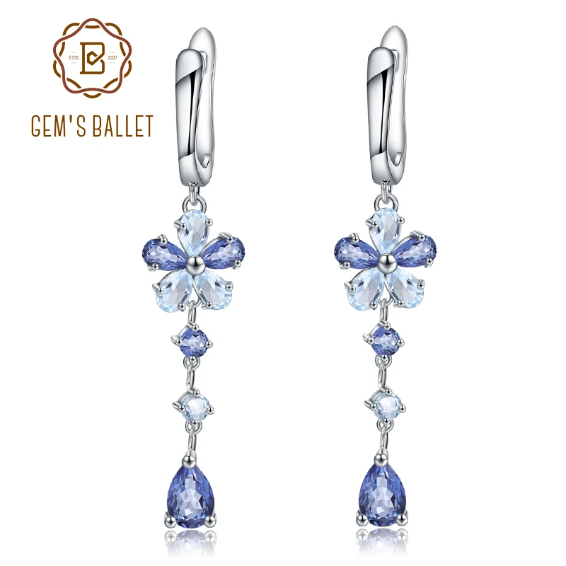 GEM'S BALLET Natural Iolite Blue Mystic Quartz Sky Blue Topaz 925 Sterling Silver Flower Drop Earrings Fine Jewelry for Women