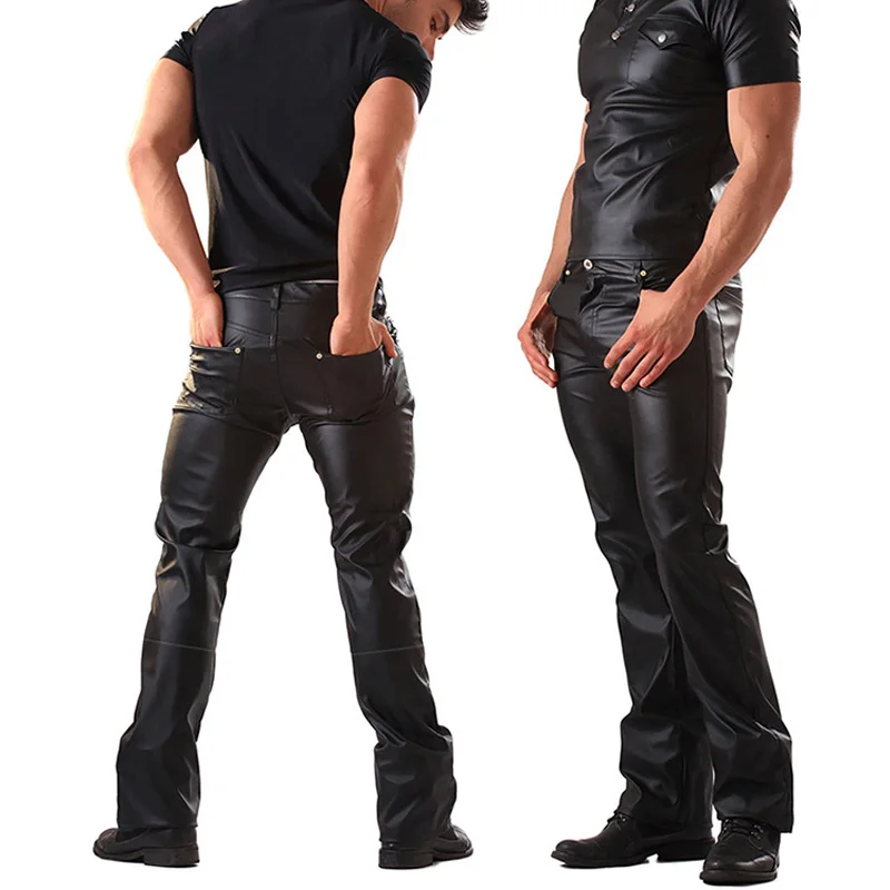 

Sexy Men Faux Leather Night Club Erotic Tight Pants PVC Latex Men Shinny Motor Biker Gay Fetish Pole Dance Wetlook Long Trousers