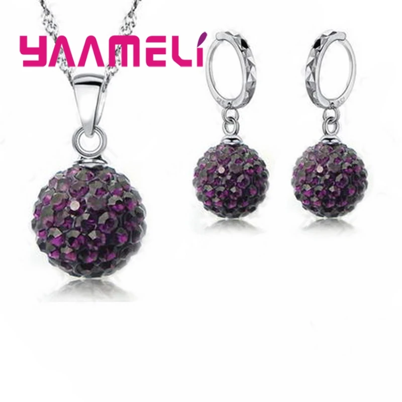 10 Colors Factory Price 925 Sterling Silver Jewlery Sets Micro Paved Crystals Round Ball Necklace Earrings For Women