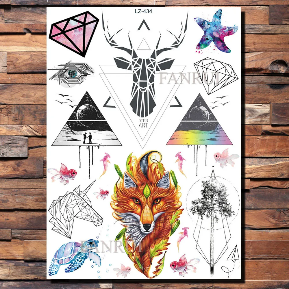 FANRUI Wolf Fox Mountain Geometric Diamond Temporary Tattoo Sticker Forest Deco Fake Tatoo Women Men Body Art Arm Custom Tato