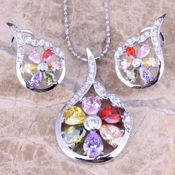 Unique Multicolor Multigem Silver Plated Earrings Pendant Necklace Fashion Jewelry Sets S0788