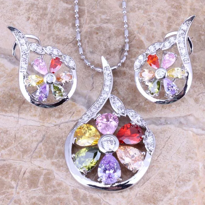 Unique Multicolor Multigem Silver Plated Earrings Pendant Necklace Fashion Jewelry Sets S0788