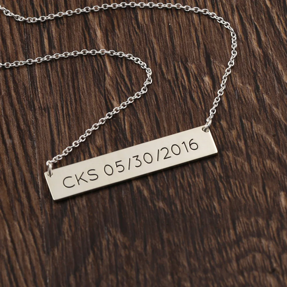 Horizontal Personalized nameplate Necklace Men 925 Solid Silver Engraved Necklace with Memorial Date Gift