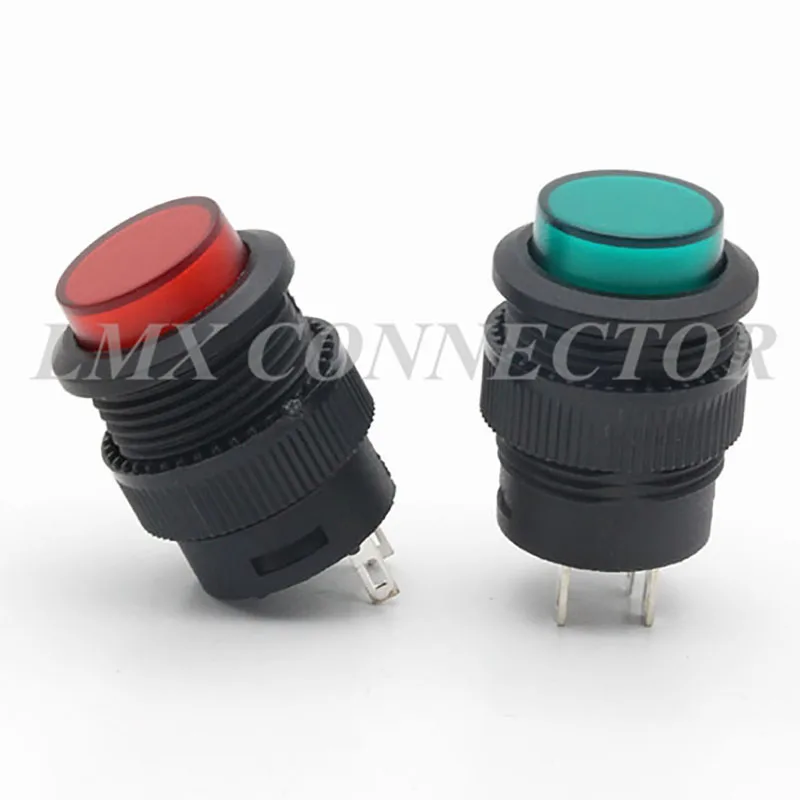 10PCS Push Button Switch R16-503A 3A 250V  Red Green 2P Without LED/4P With LED Self-Locking/No Lock Reset Hole Size Diamete16mm