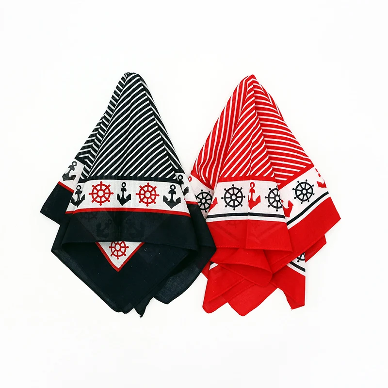 55CM*55CM Cotton Bandana Women Red Navy Square Scarf Sailor Style Striped Print Hair Headband Neck Scarves Men Headwear