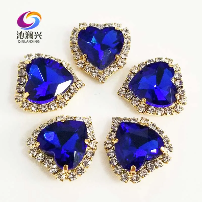 

Heart Shape Royalblue Color Crystal Glass Rhinestones, Gold Bottom Sew on Buckle, Used for Needlework, DIY/Sewing Accessories