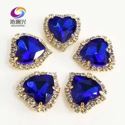 Heart Shape Royalblue Color Crystal Glass Rhinestones, Gold Bottom Sew on Buckle, Used for Needlework, DIY/Sewing Accessories