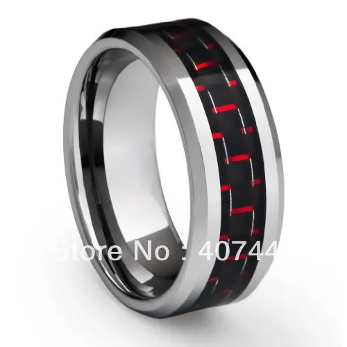 Free Shipping Cheap Price Jewelry USA Brazil Russia Hot Sales His/Her 8mm Black&Red Fiber Inlay Men's Tungsten Wedding Ring