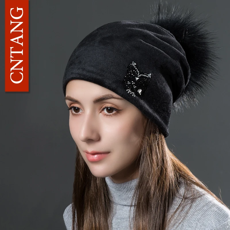 CNANG 2024 Owl Rhinestones Hats For Women Winter Warm Plus Velvet Fashion Caps With Natural Fur Pompoms Female Skullies Beanies