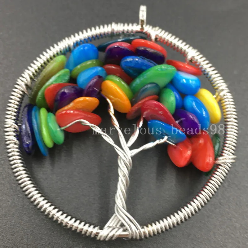 Beautiful jewelry 49mm Tree of life - Mulitcolor Mother of pearl Shell Wire Wrap Round Pendant Bead PC6185