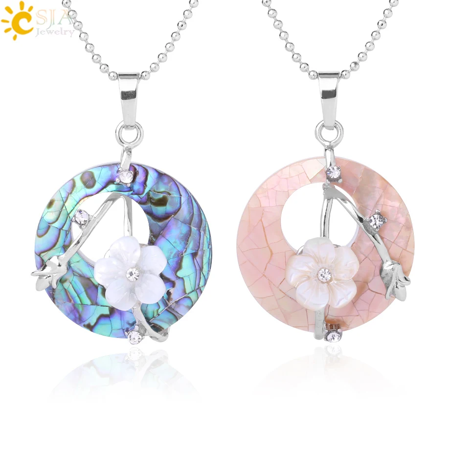 CSJA Colorful Natural Abalone Shell Pendants Necklaces White Pink Round Gems Beads Flower Zircon Women Charms Jewelry F873