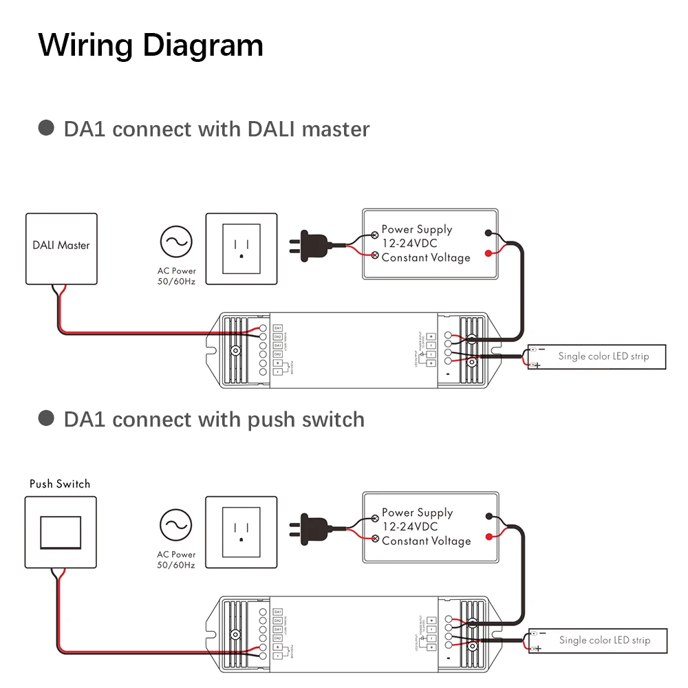 Imagem -05 - Dimmable Led Controlador Dimmer Da1 Canal de Tensão Constante Escurecimento Push Dim Proteção Múltipla 15a Saída dc 12v 24v Dali