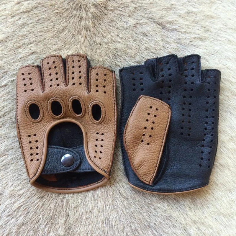 New Arrival Luxury Men Semi-Finger Genuine Leather Gloves Men\'s Driving Unlined Half Fingerless Goatskin Gloves For Male Mitten