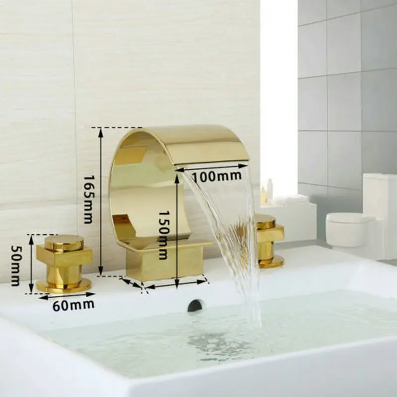 KEMAIDI Golden Plated Waterfall Spout Deck Mount Solid Brass Bathroom Sink Wash Basin Double Handle Bathtub Mixer Tap Faucet