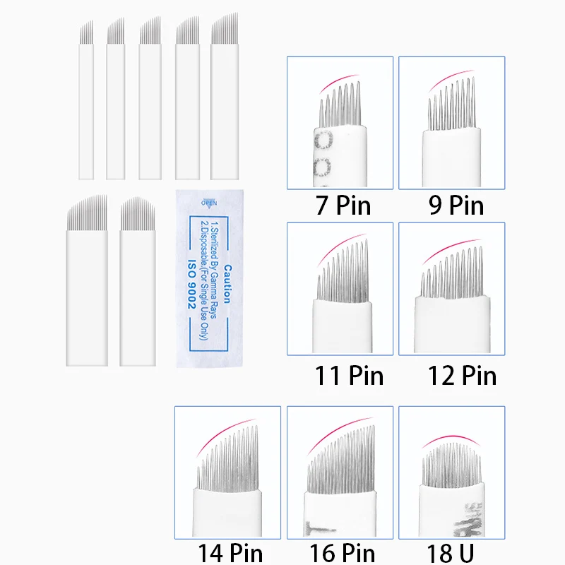 50 Uds 0,25mm cuchillas para Microblading agujas de tatuaje 7 9 12 14 16 18 21 pines para maquillaje semipermanente pluma Manual 3D cejas labios