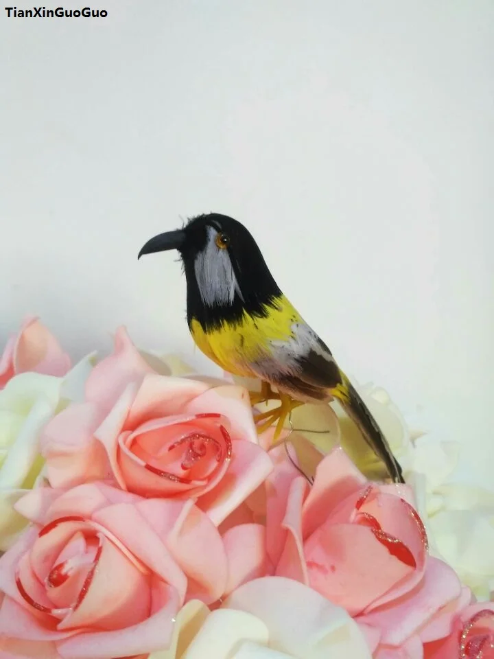 

simulation bird hard model 12cm foam&yellow&coloured feathers bird prop,home garden decoration gift s1257