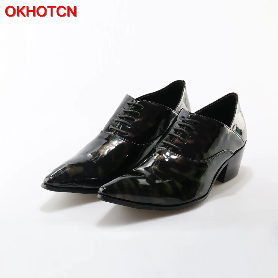 OKHOTCN New Arrivals Men Leather Shoes Lace Up Casual Pointed Toe Men Shoes Hoof Heels Gradient Color Mans Footwear Size 39-46