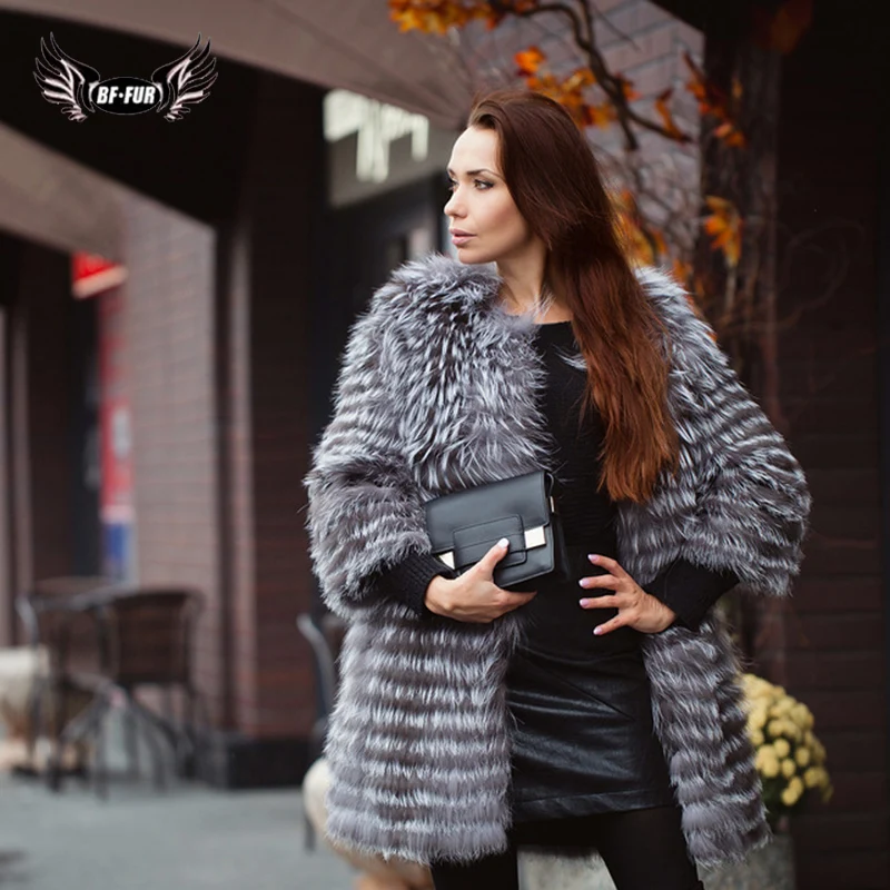 BFFUR Real Fur Coat Luxury Women Winter Fashion Style Natural Fur Vest Coat Female Silver Fox Fur Coat Russian Fur Coats Slim