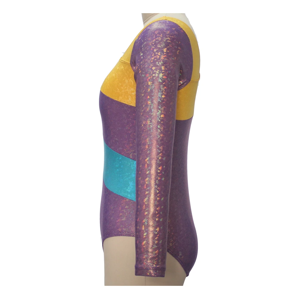 Shiny Gymanstic Long Sleeve Leotard Purple NylonLycra Spotted Laser Pattern Fabric Women Jazz Dance Bodysuit