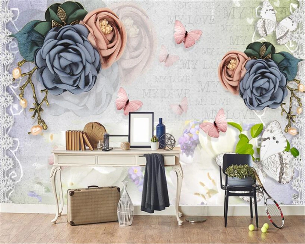 

beibehang New luxury Rose Pearl Butterfly Background Wall Custom Size Wallpaper papier peint 3d wallpaper for living room mural