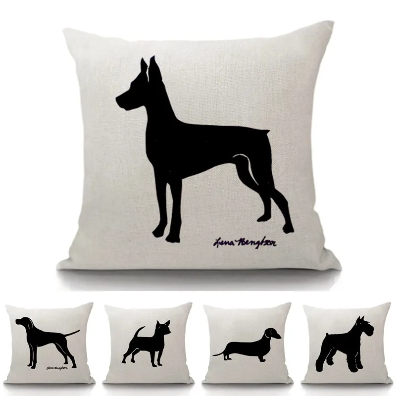 Funda de cojín de lino y algodón con estampado de perro negro, funda de almohada para sofá de animales, perro pastor salchicha, Doberman Pinscher