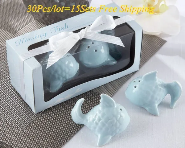 

(30pcs/lot=15Sets) Perfect Bridal Shower Favors of Kissing Fish Ceramic Salt and Pepper Shakers Wedding souvenirs