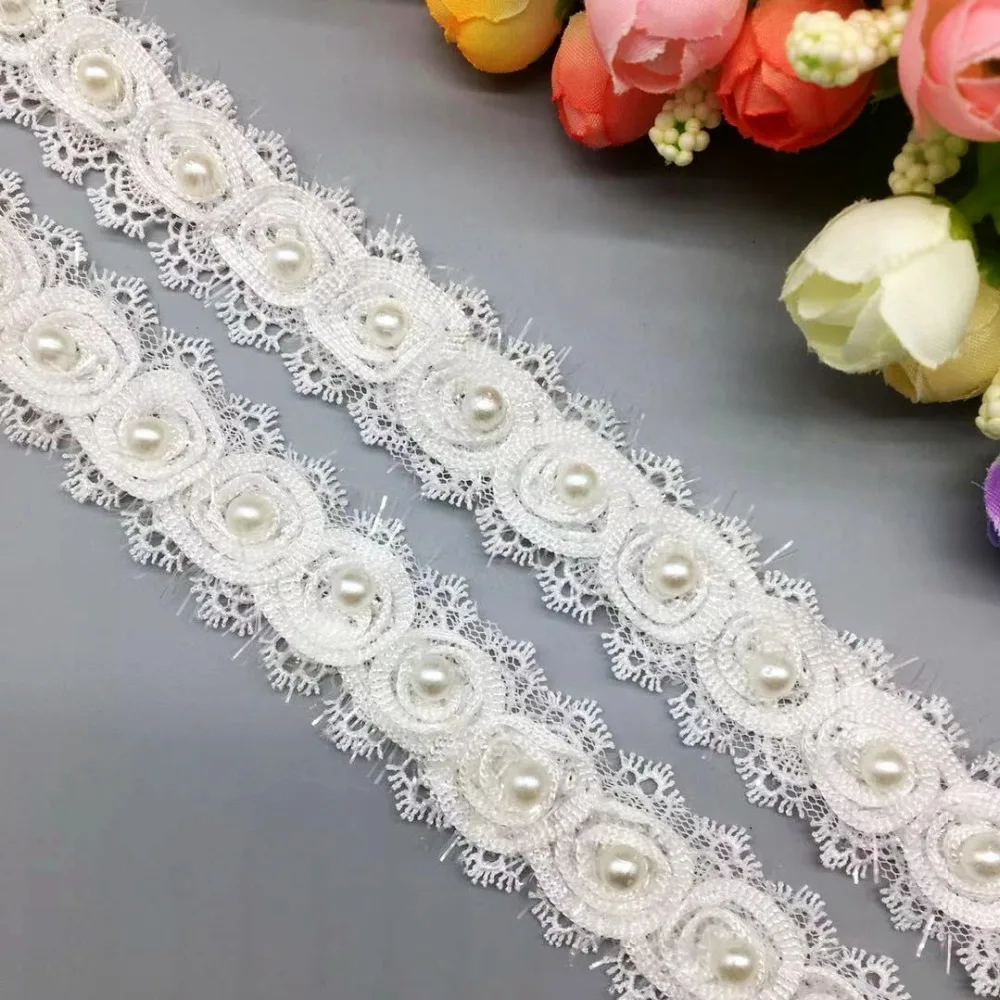 

1 Yard Crocheted Ribbon Flowers Pearl Lace Edge Trimmings Ribbons Beaded Lace Fabric Embroidered Sewing Wedding Dress Clothes