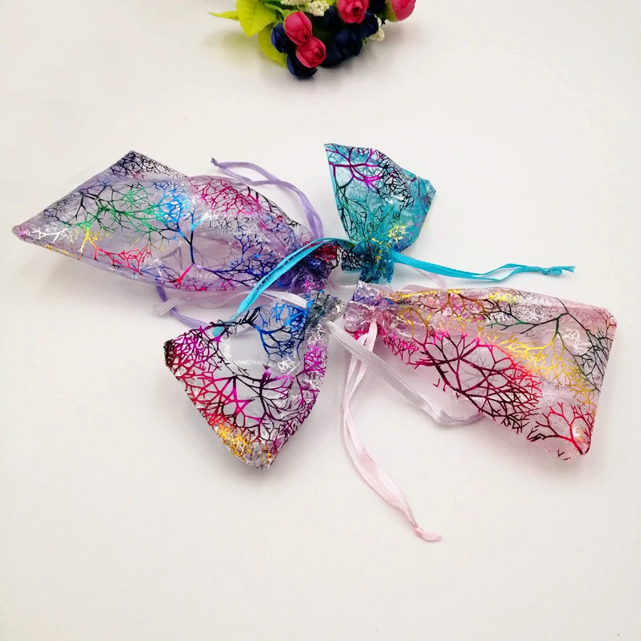 100pcs Christmas Organza Pouch Drawstring Coral Gift Bag Wedding Party Sachet Packaging Birthday Jewelry Display Wholesale Mini