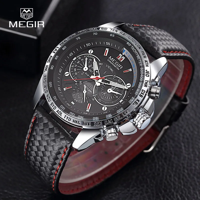 MEGIR hot fashion man\'s quartz wristwatch brand waterproof leather watches for men casual black watch for male 1010