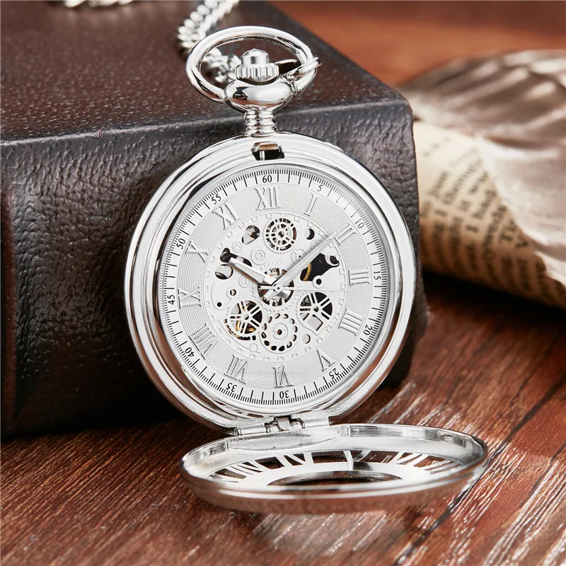Vintage Roman Dial Mehanical Pocket Watch FOB Chain Smooth Golden Hollow Skeleton Hand Wind Mechanical Mens Womens Watch