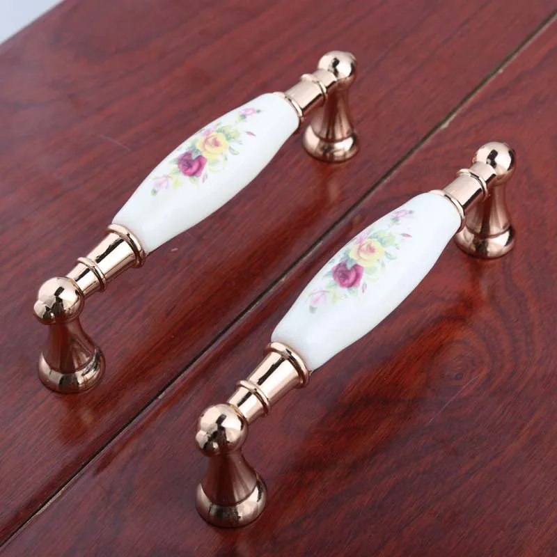 96mm 128mm modern fashion rural ceramic furniture handles bright golden kitchen cabinet dresser door handles flower porcelain 5