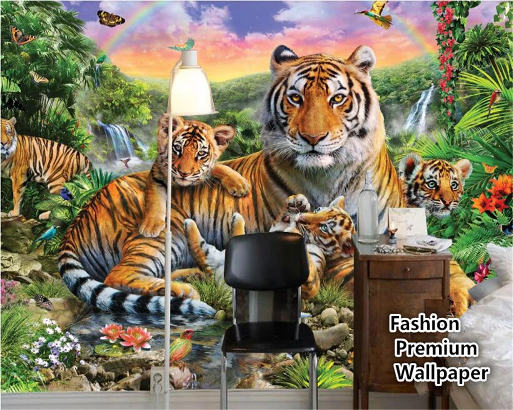 

beibehang Modern three-dimensional papel de parede 3d wallpaper rainforest animal tiger plant forest waterfall butterfly mural