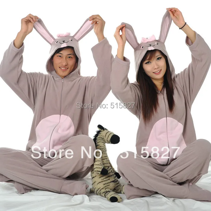 New Adult Unisex Animal Lovely Gray Rabbit Footed Pajamas Sleepsuit Cosplay Sleepwear